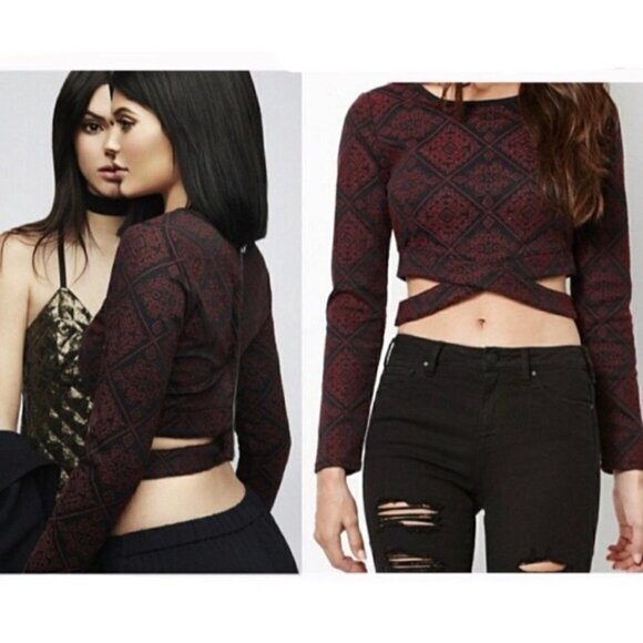 Kendall + Kylie Damask Embroidered Crisscross Straps Long Sleeve Crop Top - Picture 1 of 10